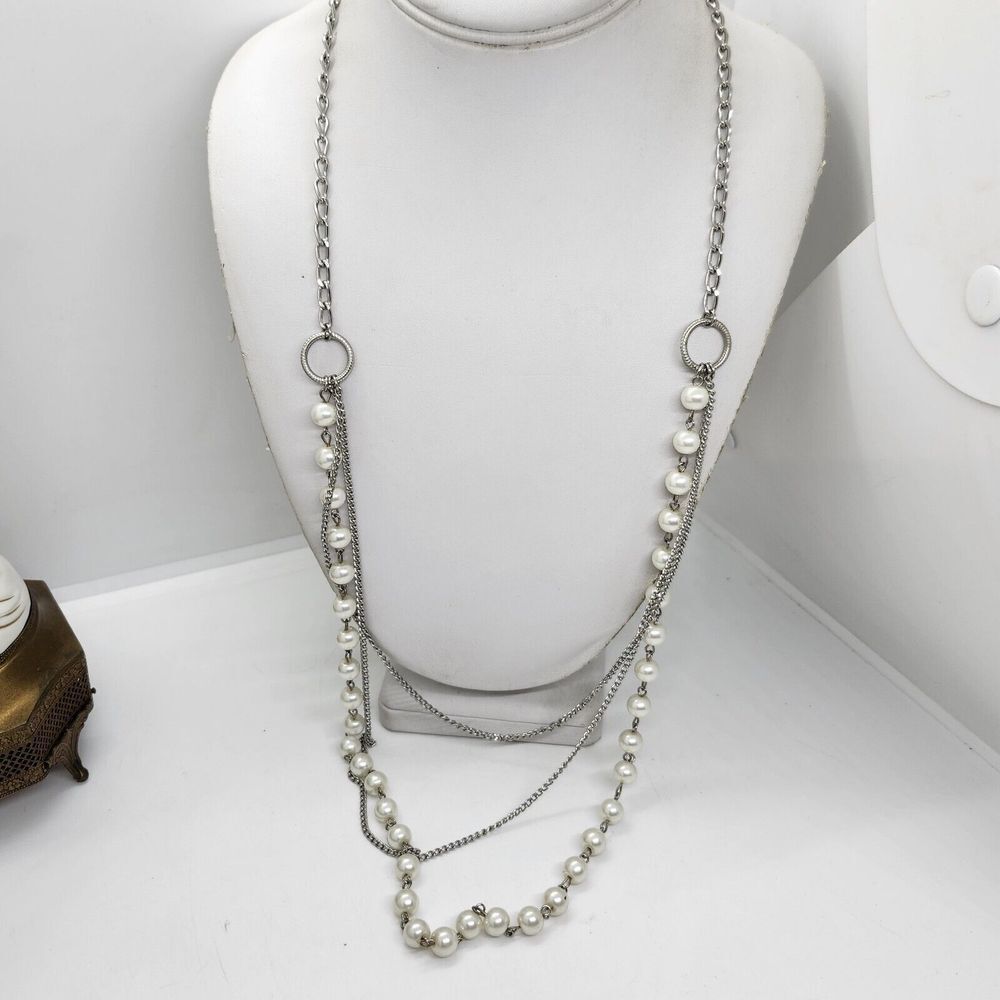 Layered Silver Tone Faux‎ Pearl Long Necklace